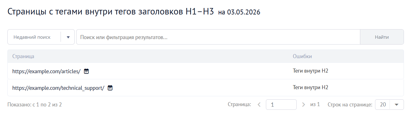 Страницы с тегами внутри тегов заголовков H1–H3