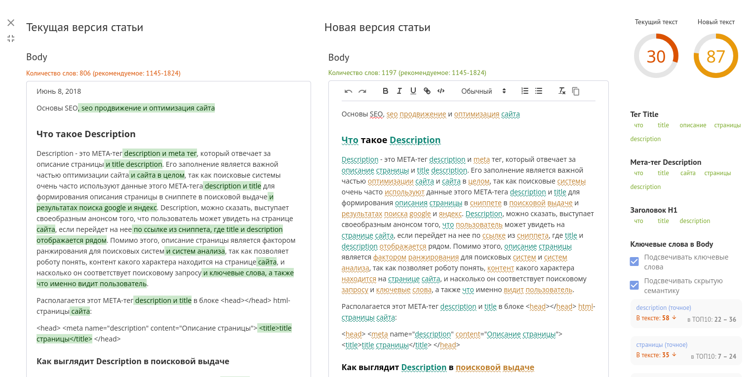 Сравнение текущей и оптимизированной версий статьи с рекомендациями по ключевым словам