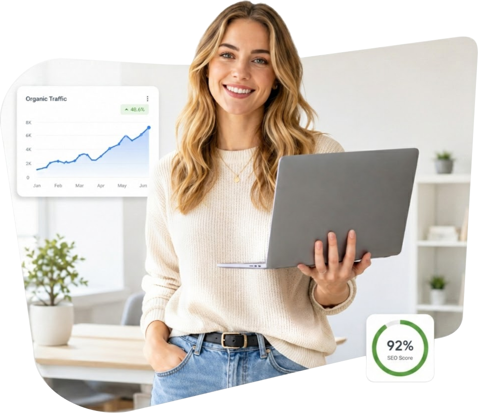 Специалист работает с SEO-аналитикой и графиком органического трафика